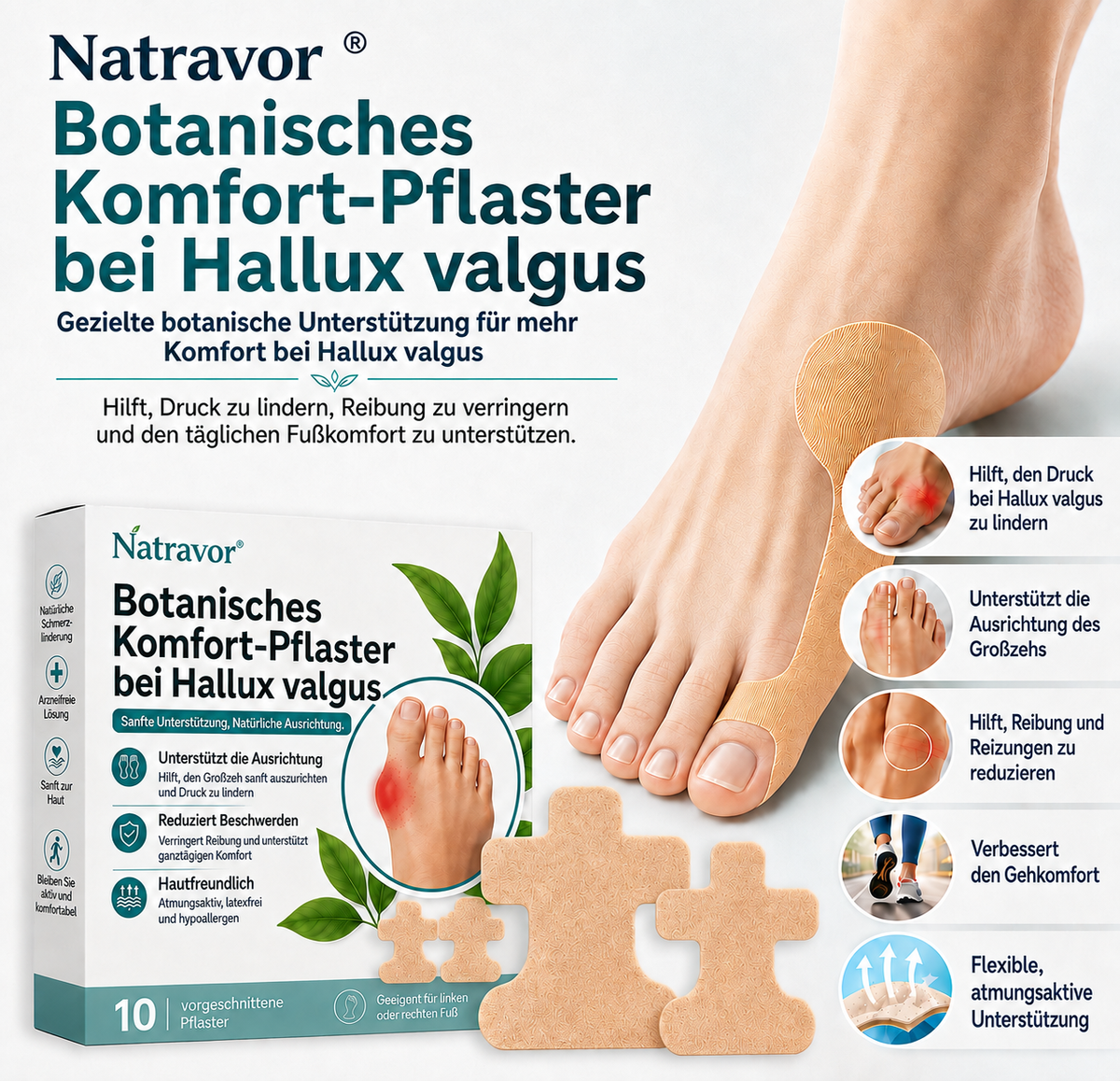 🏅 Natravor® Botanisches Komfort-Pflaster bei Hallux valgus 👠 Flexible Fußpflege + pflanzlich inspirierte Komfortformel a